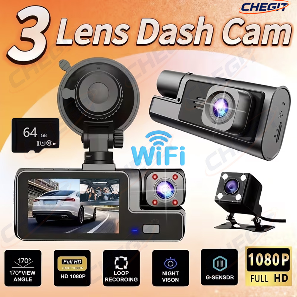 Dash Cam 3 Channel 1080P - Yeni 3 Kameralı WIFI Araç Kamerası
