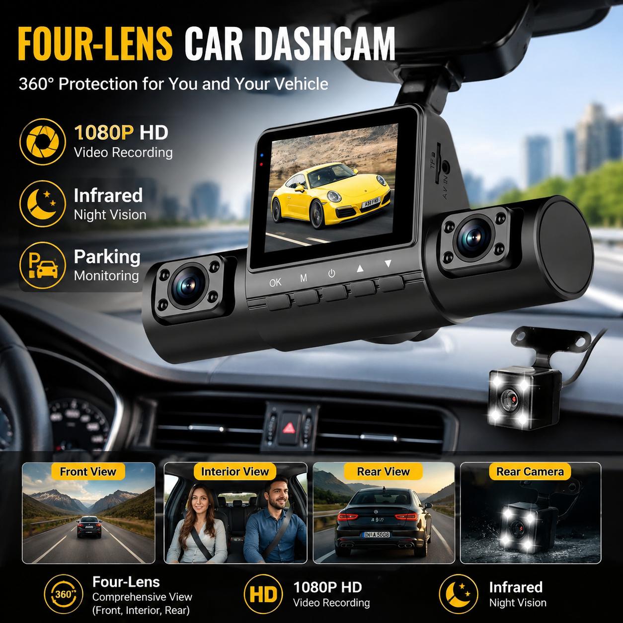 Dash Cam 360 Degree Panoramic - 4 Lensli Araç Kamerası 1080P Full