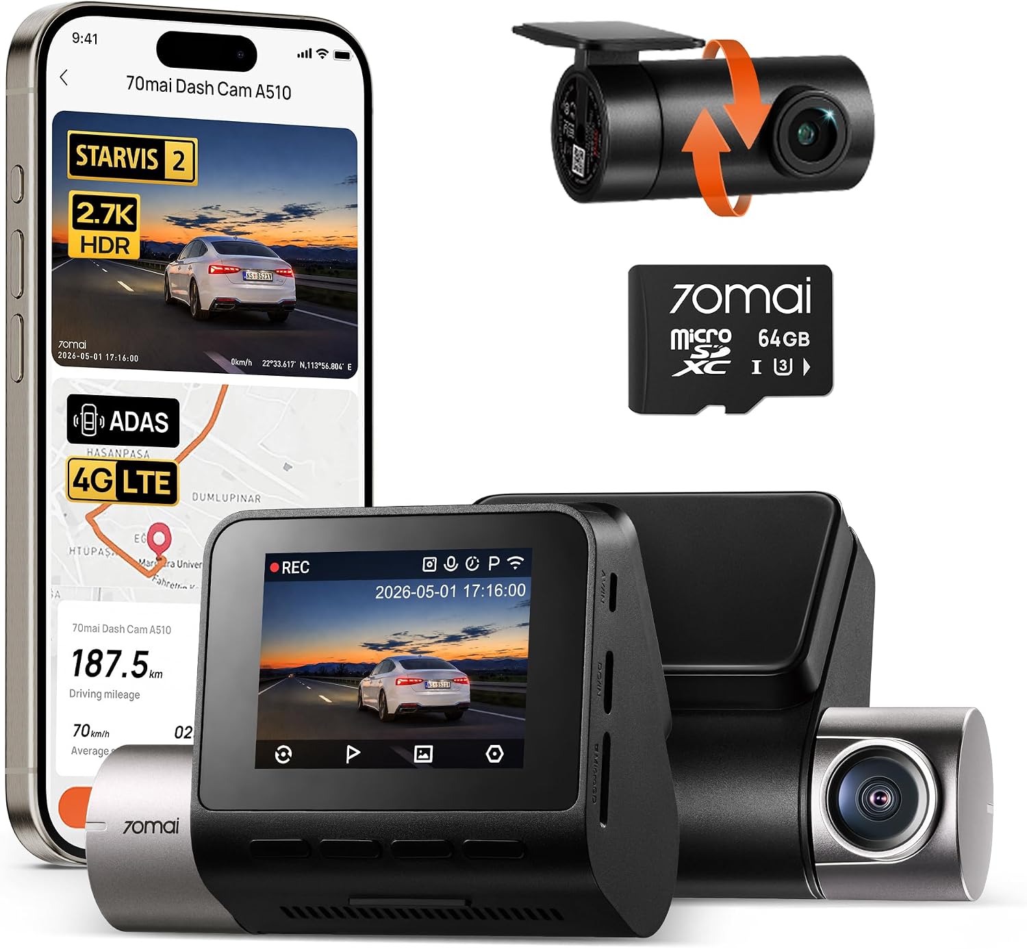 Dual Dash Cam With Gps Wifi - Çift Kameralı Araç İçi Kamera 1944P