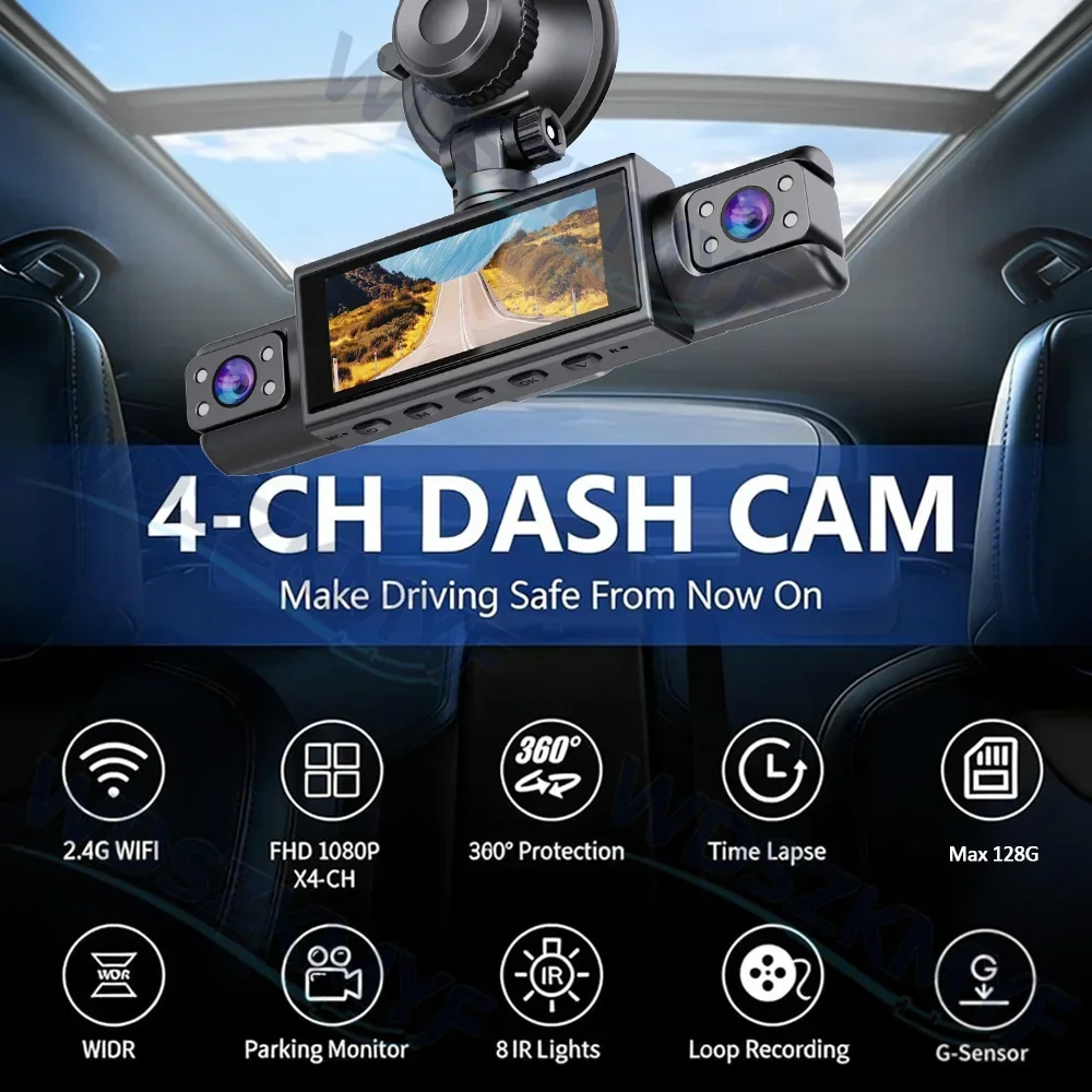 WiFi 4 Kanallı Araç Kamerası A - Dash Cam 3 Channel 1080P incelemesi ve fiyatı