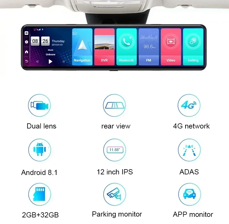 12 İnç Araç Kamerası 4G GPS Na - Dash Cam Rear View Mirror 12 Inch incelemesi ve fiyatı